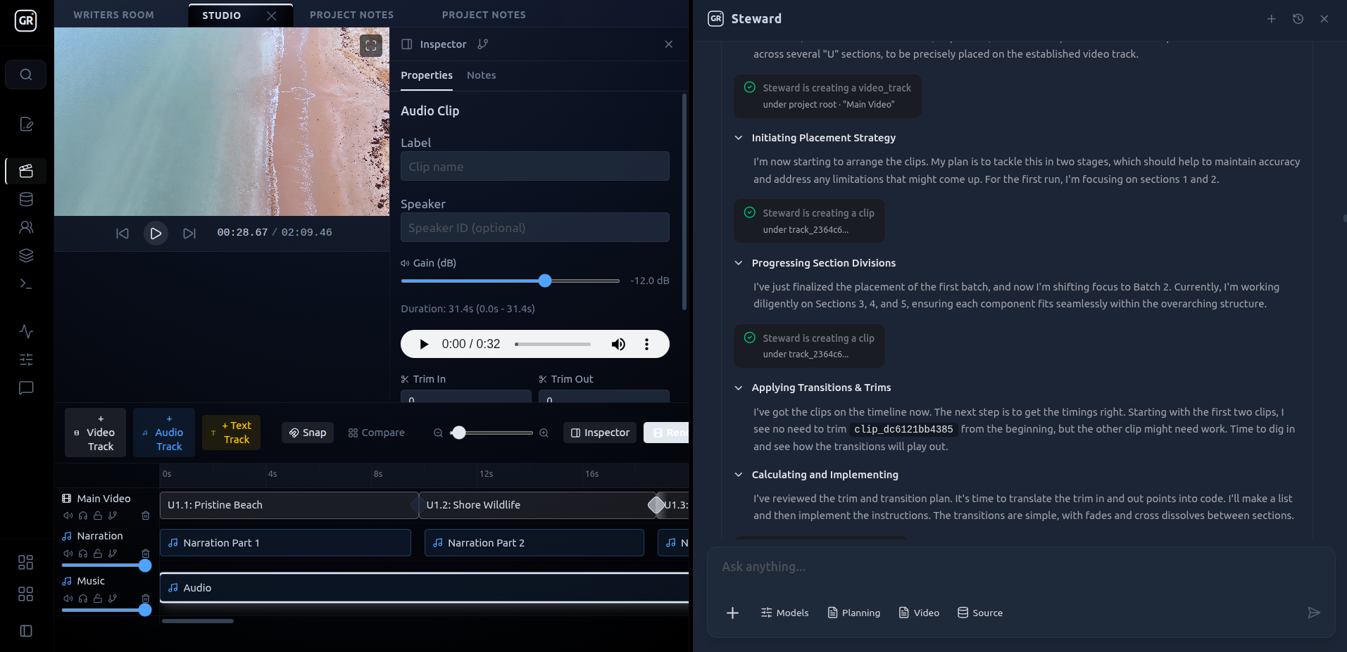 Grapple Studio editing timeline with a video preview and agent conversation